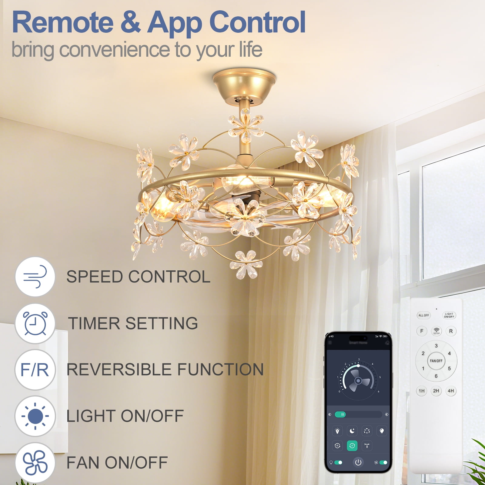 20" Gold Chandelier Ceiling Fan with Lights - Remote/APP Control, 4 LED Bulbs Included, 6-Speed DC Motor for Bedroom Living Room