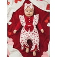 thumbnail image 5 of BemeyourBBs Infant Baby Girl Valentines Day Outfit Cute Newborn Spring Clothes Ruffled Long Sleeve Bodysuit Heart Print Overalls Flare Pants Set Headband, 5 of 9