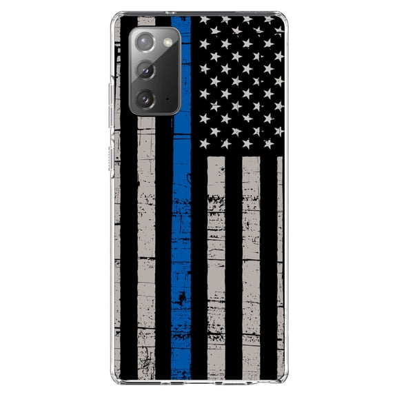 DistinctInk Clear Shockproof Hybrid Case for Galaxy Note 20 ULTRA (6.9" Screen) - TPU Bumper, Acrylic Back, Tempered Glass Screen Protector - Weathered Thin Blue Line US Flag - First Responders