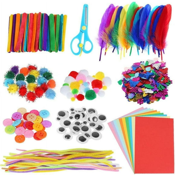 250Pcs DIY Art Craft Kit for Kids with Yarn Chenille Pipe Cleaners Pom Poms Ice Cream Sticks Colorful Feathers Cardboard Buttons Poms Crafts for Kids DIY