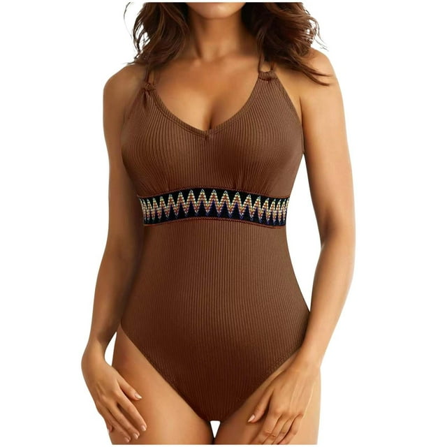 baikeli Maillot de Bain une Pièce pour Femme, Contrôle du Ventre, Col Ras du Cou, Double Bretelle, Amincissant, Rétro, Froncé, Push-Up, Tenue de Plage, Coffee, TG