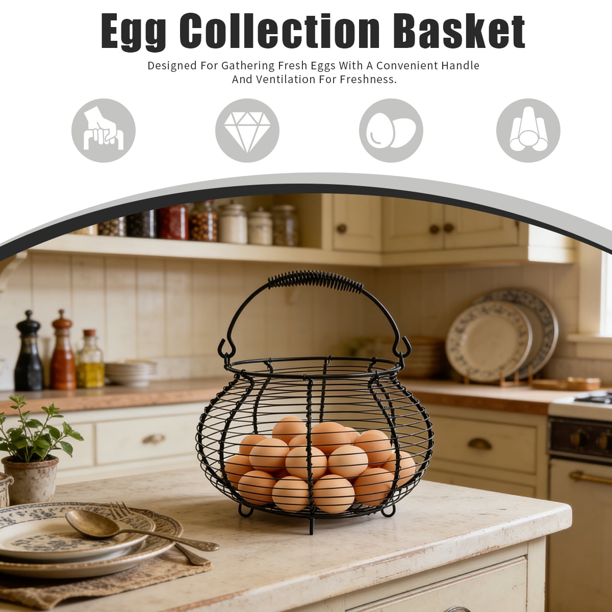 Farmhouse Wire Egg Basket with Handle - Round Metal Chicken Egg Holder for Collecting Fresh Eggs and Countertop Display
