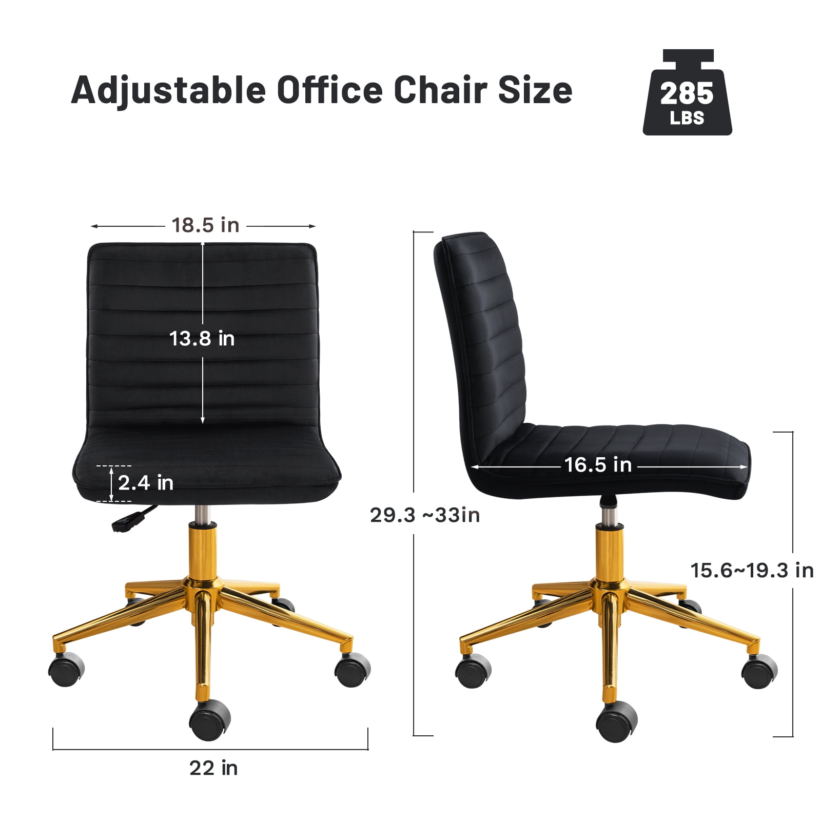 Furniliving Mid-Back Armless Desk Chair, Velvet Swivel Office Chair,Adjustable Rolling Computer Chair for Living Room, Black