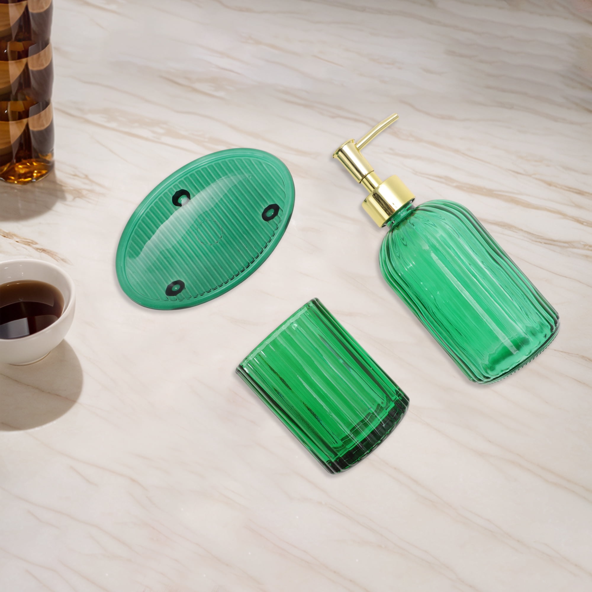 Unique Bargains 3Pcs Reusable Stripes Bathroom Accessories Set Green