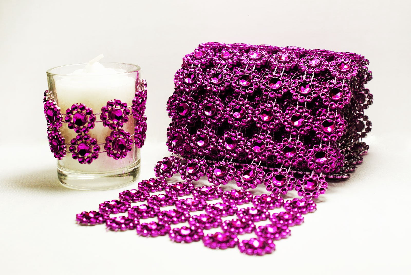 4" 1 Yard Fuchsia Diamond Flower Mesh Wrap Roll Crystal Rhinestone Sparkle Ribbon