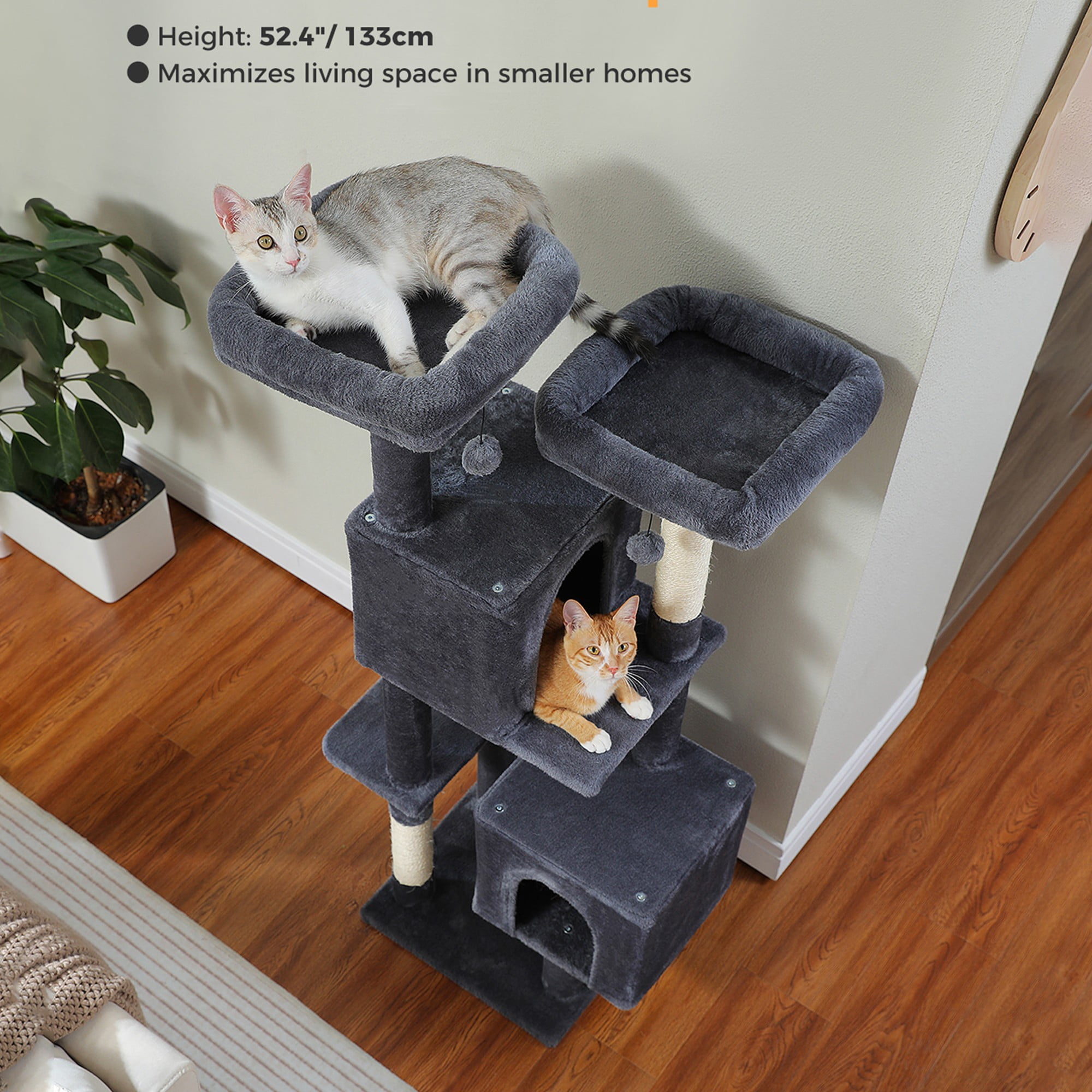 resenkos 52" Cat Tree Tower with 2 Scratching Posts, 2 Perches, 2 Caves, Pompoms, Multi-Level Plush Cat Condo for Indoor Cats, Gray