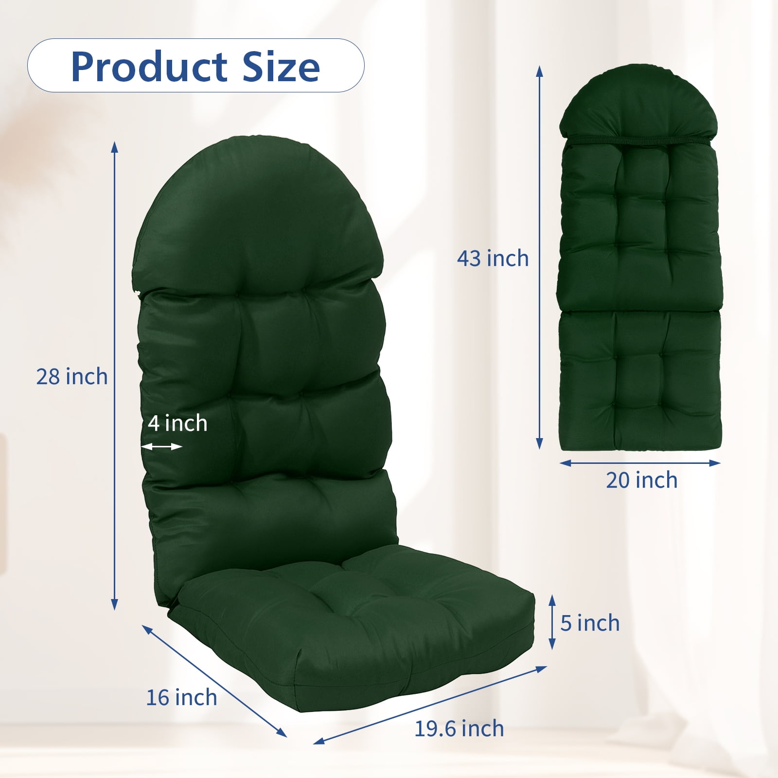 YEERSWAG Outdoor Adirondack Chair Cushions 43x20, Non-Slip Water Resistant High Back Patio Rocking Chair Pad with Ties,Dark Green