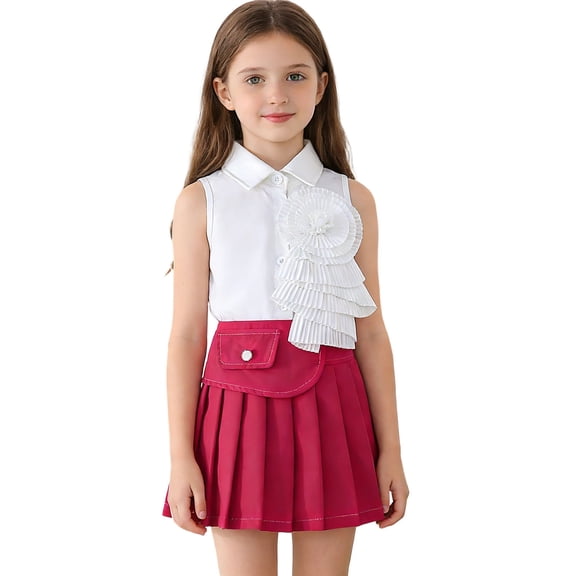 Fesfesfes Summer Girls Casual 2 Piece Outfit Set Children's Short Sleeve Solid Color Tops and Skirt Pleated Two-piece Set