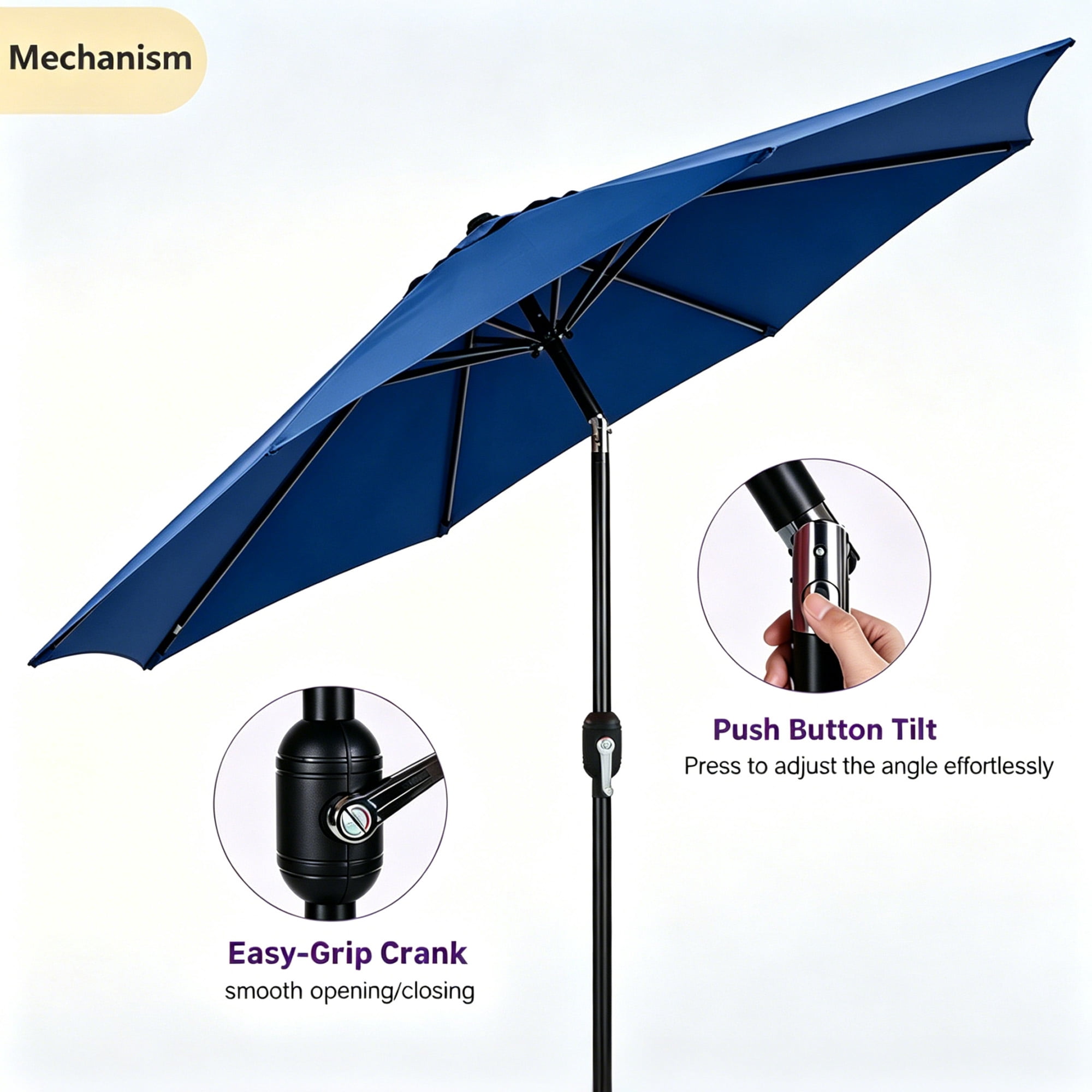Kool 9 ft Outdoor Patio Market Umbrella with Push Button Tilt and Crank Handle, 8 Steel Ribs, Blue