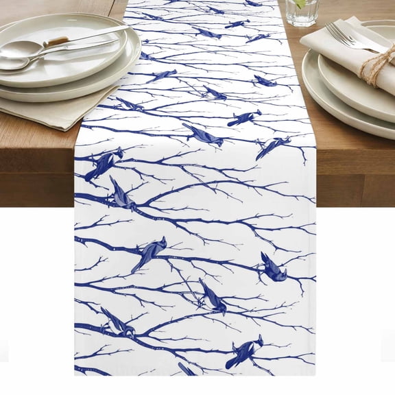Navy Blue Branches Birds Table Runner - 48 Inch Long, Kitchen Dining Table Runner Dresser Scarves, Abstract Forest Silhouettes Farmhouse Decor for Coffee Tables Wedding Party Banquet