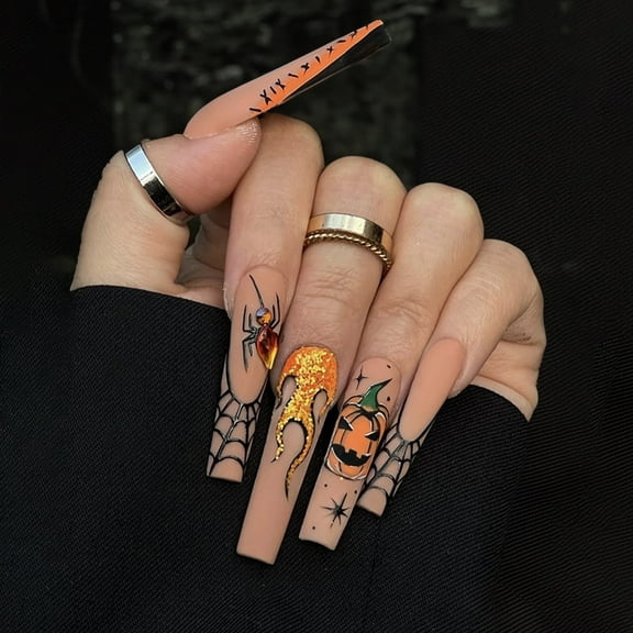 Yoyauz Coffin Pressed Nails Fake French Nails Full Coverage Acrylic Fake Nails for Ladies & Girls 24PCS(Halloween)