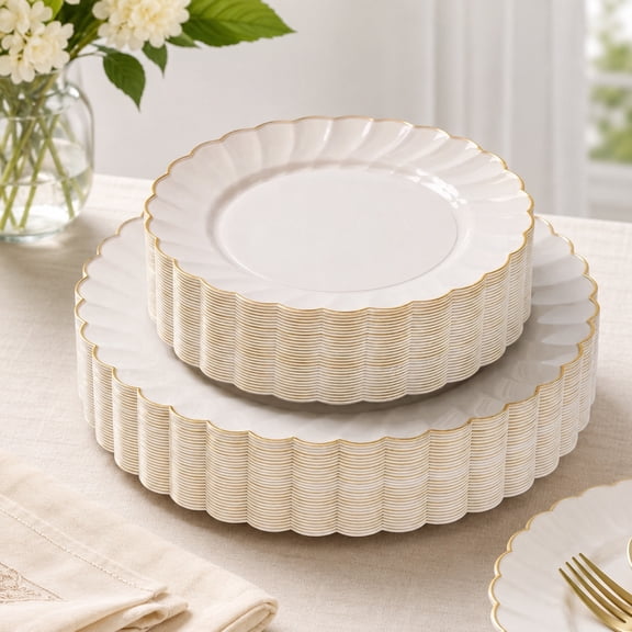 Heavyweight Disposable Plastic Plates 60 Pc Ivory Scalloped with Gold Trim - Fancy Party Dinner & Dessert Plates for Weddings, Bridal Showers, Events