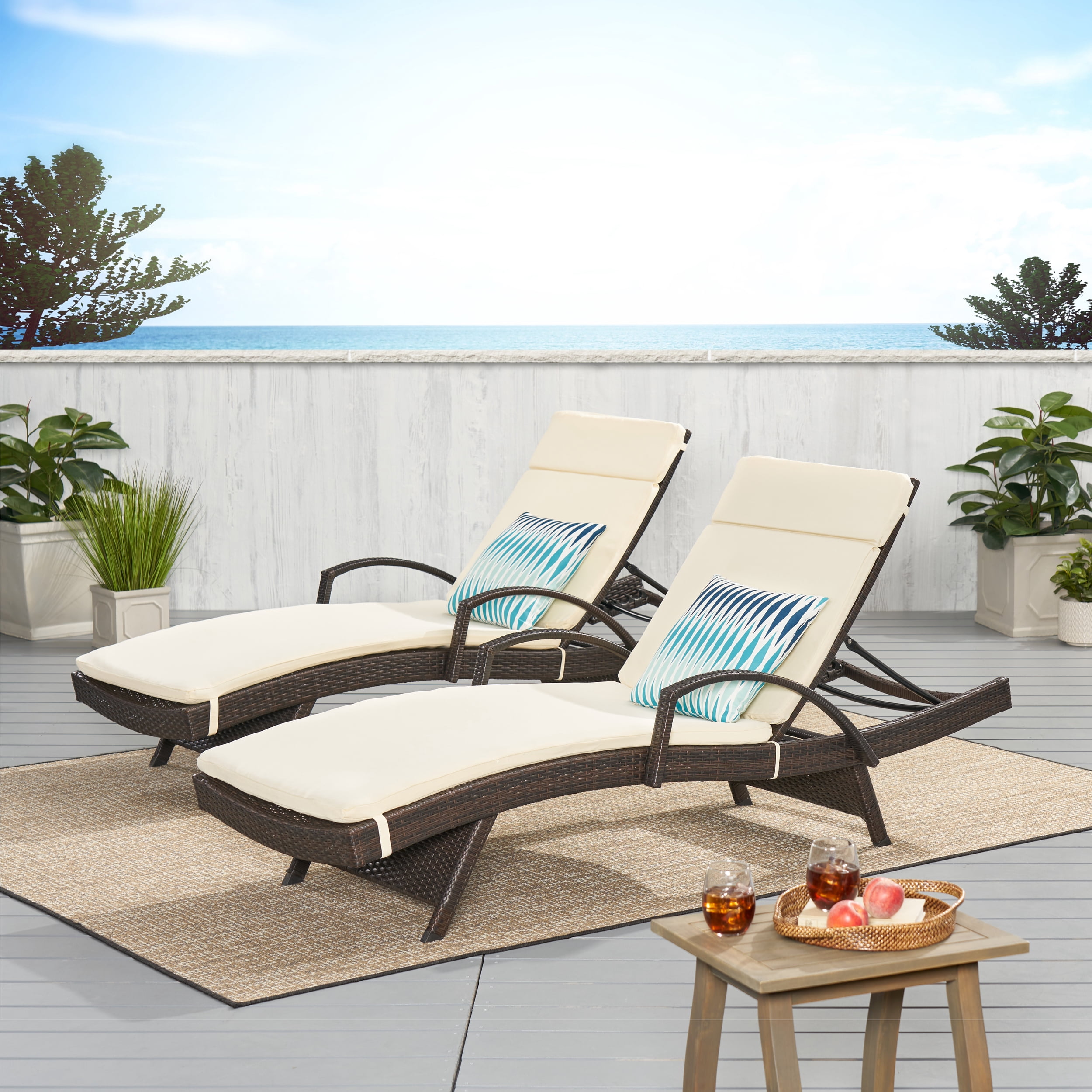 Anthony Outdoor Wicker Adjustable Chaise Lounge with Arms and Cushion, Set of 2, Multibrown, Ivory