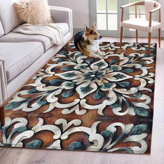 Brown Teal Boho Area Rug 4x6 FT, Non Slip Kids Room Carpet, Ethnic Rustic Abstract Flowers Washable Soft Floor Carpet Non-Shedding Throw Rug for Dorm Kitchen Study Room Home Office Bedside