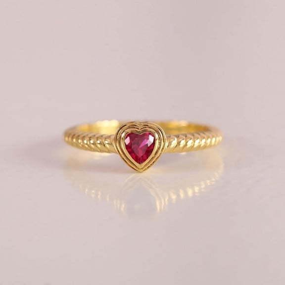 Solitaire Ruby Heart Ring, 18 Gold Plated Ring, Twisted Band Ring, Double Layer Ring, Proposal Ring, Gift For Her, Anniversary Ring.