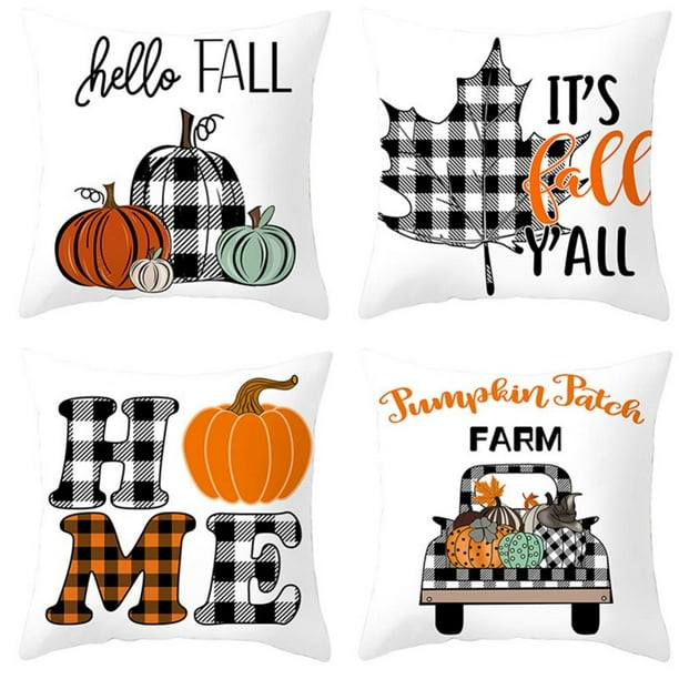 Set of 4 Fall Pillow Covers 18x18 Inch Thanksgiving Black White Plaid Linen Rustic Farmhouse