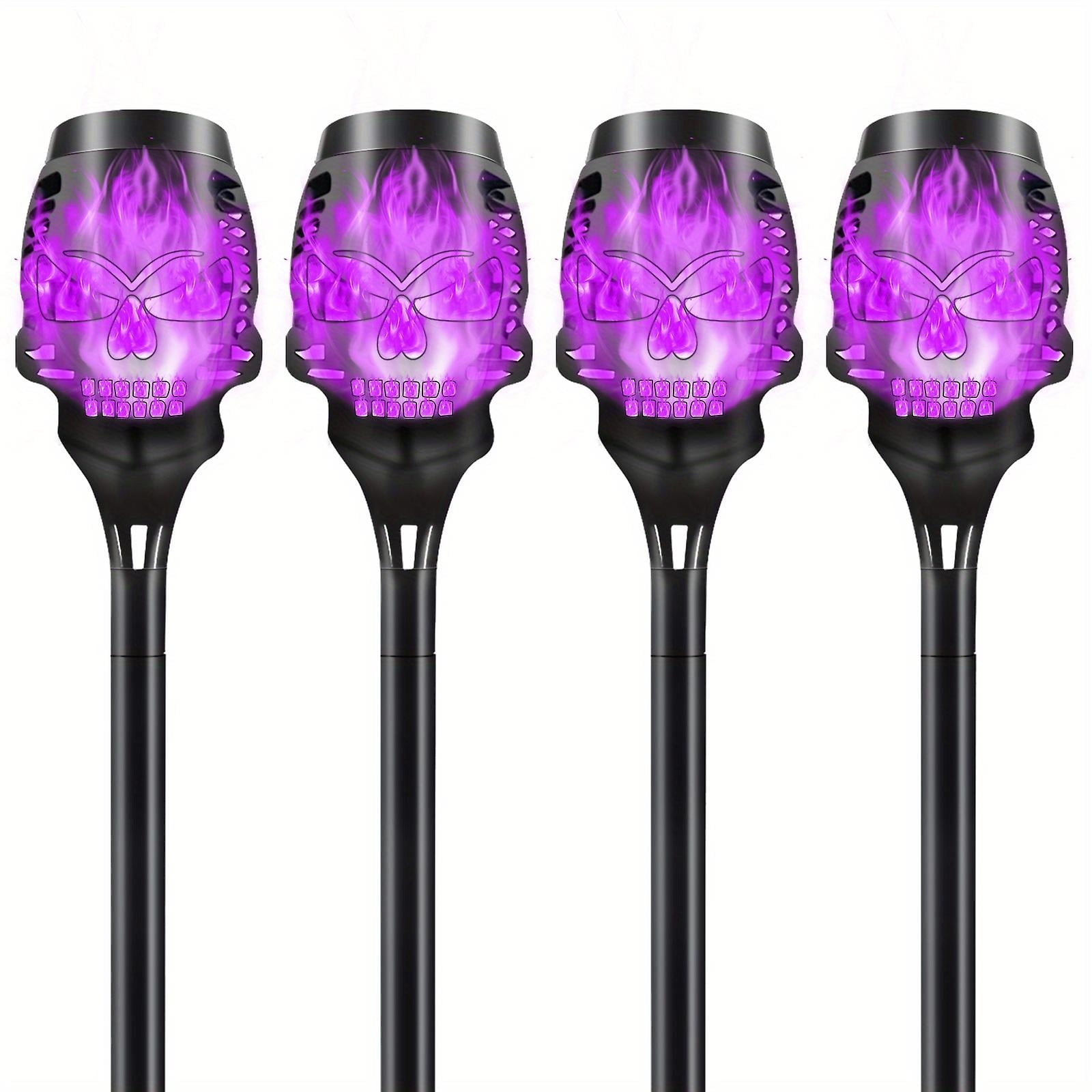 Halloween Solar Torch Lights, 4-Pack Flickering Flame Outdoor Lighting - Waterproof Pathway & Garden Decor, Purple Skull Design