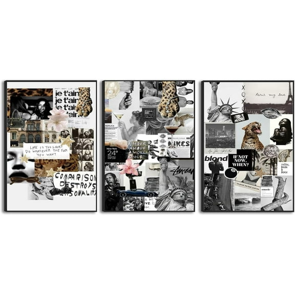 Hieng Retro Fashion Wall Art New York Collage Poster Canvas Print Set of 3 90s Luxury Vintage Leopard shuffle Painting Artwork Girl Magazine Picture Dorm Decor Living Room Bedroom Bathroom