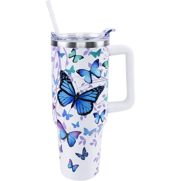 Butterfly Tumbler 40 oz Tumbler with Handle and Straw Lid Leak Proof - Butterfly Coffee Travel Mug with Handle Insulated for Hot and Cold Drink Ice - Christmas Birthday Gifts for Women Cup