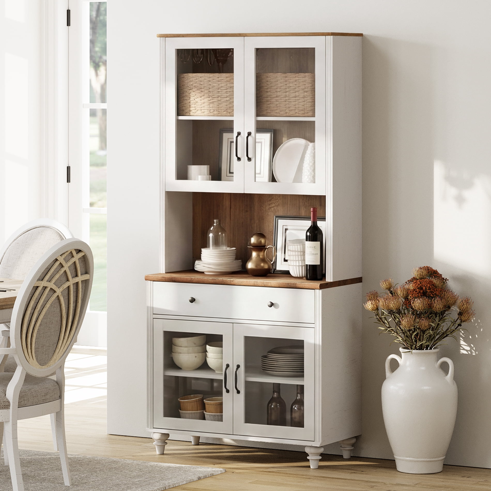 72"H ×33.9"W 5-Tier Farmhouse Display Bookcase with Glass Doors, Storage Cabinet & Wood Drawer, Wooden Bookshelf for Living Room, Office, Kitchen, White