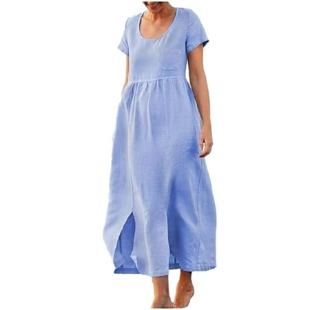 

Maternity Dresses for Women Plus Size Loose Round Neck Short Sleeve Basic Long Dress Plain Cotton Comfort Dresses