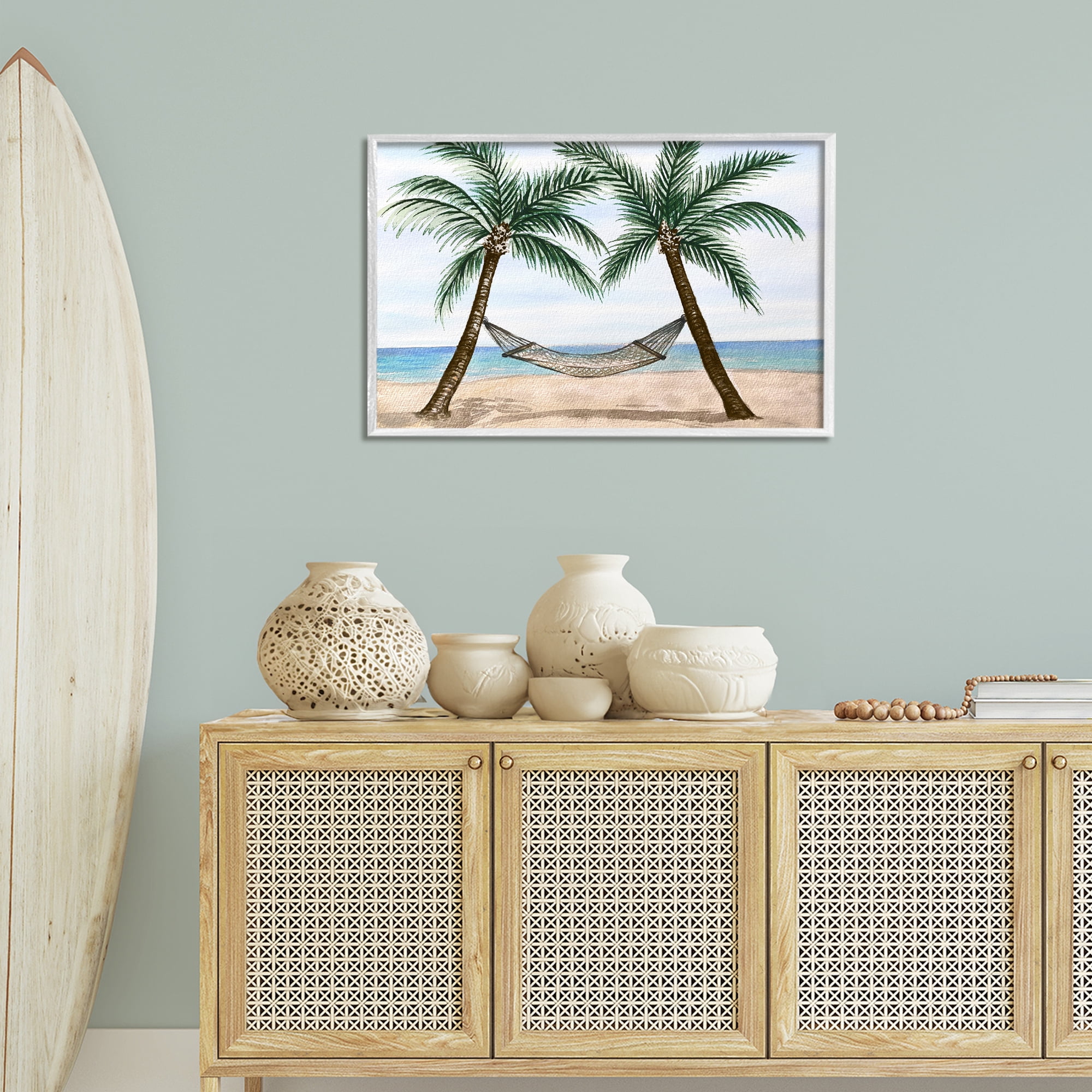 Stupell Industries Hammock Between Palms Landscape Painting White Framed Art Print Wall Art, 30 x 20