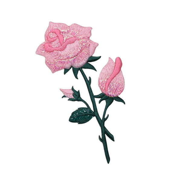Pink Rose - Open - Petals on Stem - Iron on Applique/Embroidered Patch