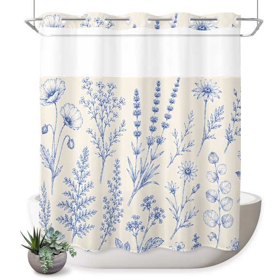 No Hook Shower Curtain, Country Blue Floral Shower Curtains for Bathroom with See Through Top Window, Vintage Wildflower Pastoral Plants Waterproof & Washable Bath Curtain Long 72"x78"