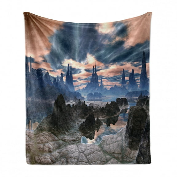 Fantasy Soft Flannel Fleece Throw Blanket, Stormy Apocalypse Sky with Clouds over Rock Towers on Alien World, Cozy Plush for Indoor and Outdoor Use, 60" x 80", Dark Brown Dark Blue, by Ambesonne