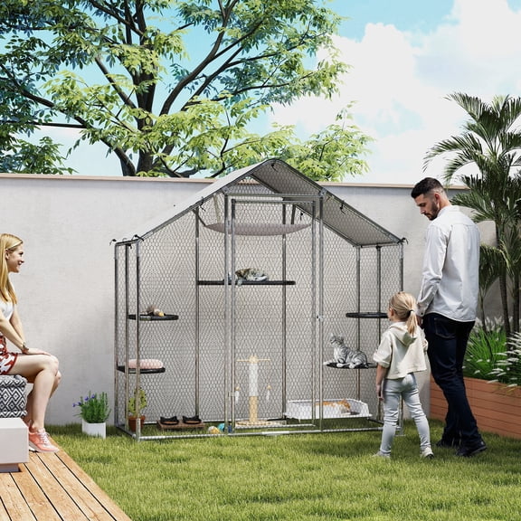 PawHut Large Catio Outdoor Cat Enclosure, Walk-in Cat Patio with 5 Adjustable Platforms for Multiple Kittens