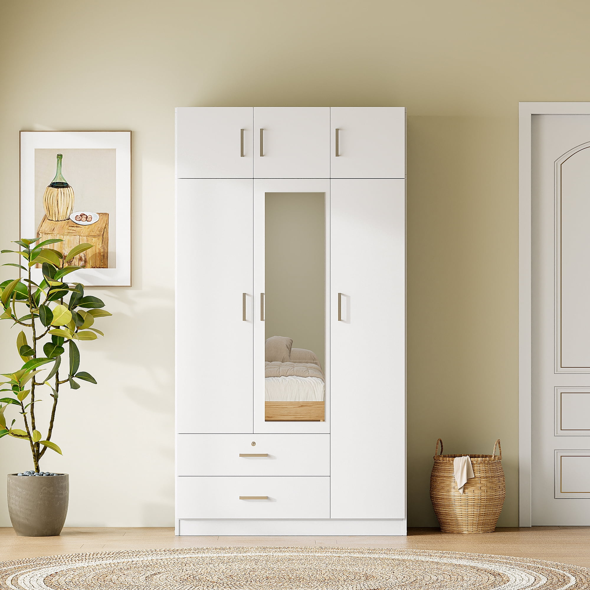 Euroco 3-Door Wood Armoire, Wardrobe with Mirror and Drawers, White