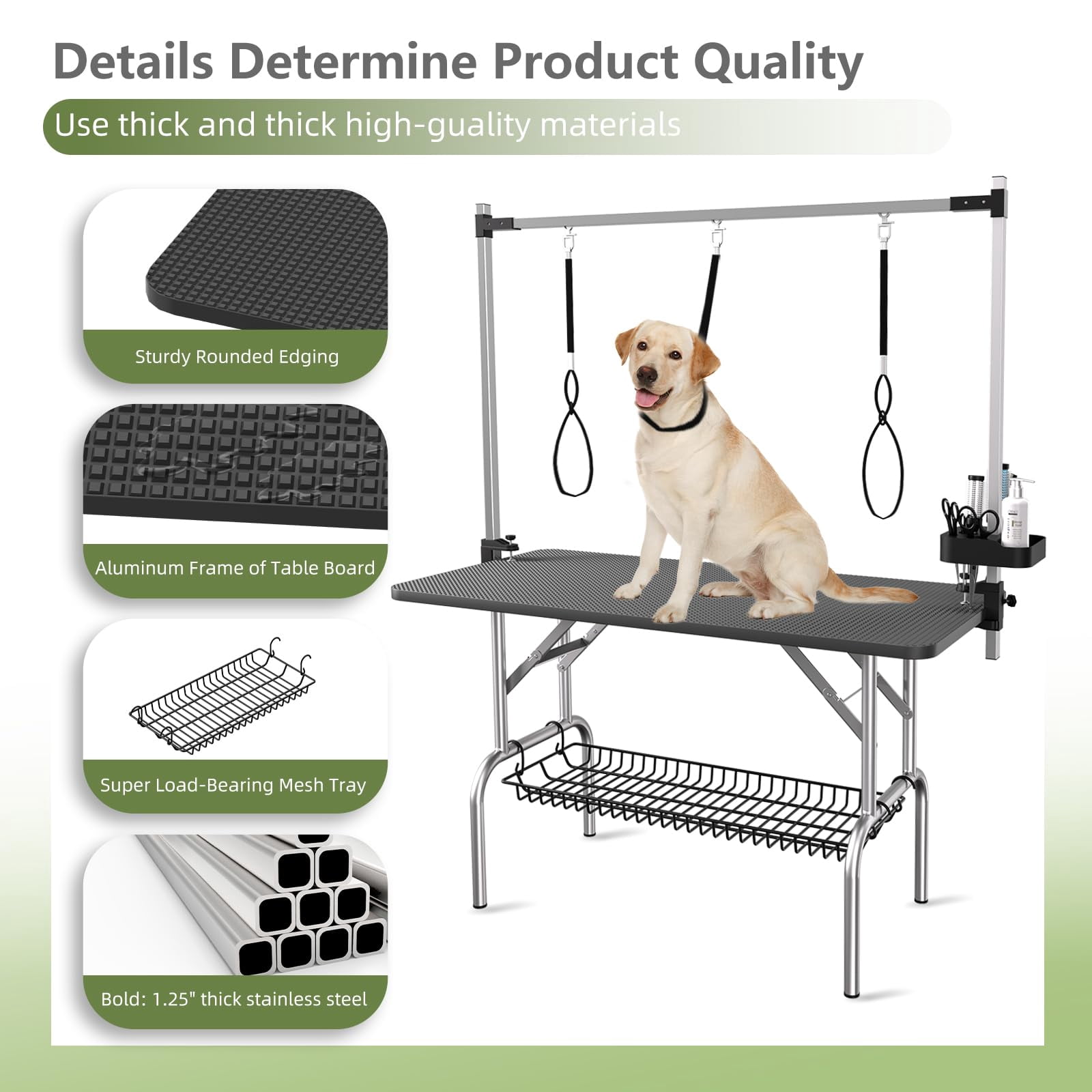 Foldable Dog Grooming Table, Stainless Steel Pet Grooming Station with Adjustable Height Arms, Nooses, Mesh Tray and Tool Organizer for Home Use