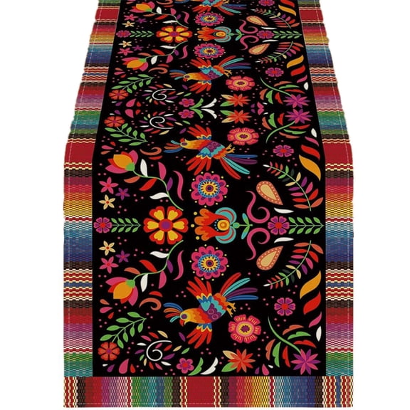 Dia De Los Muertos Floral Sugar Skull Table Runner, Mexican Fiesta Ornament, Rustic Linen Material for Dining Room, Kitchen and Home Party 47x13 Inch