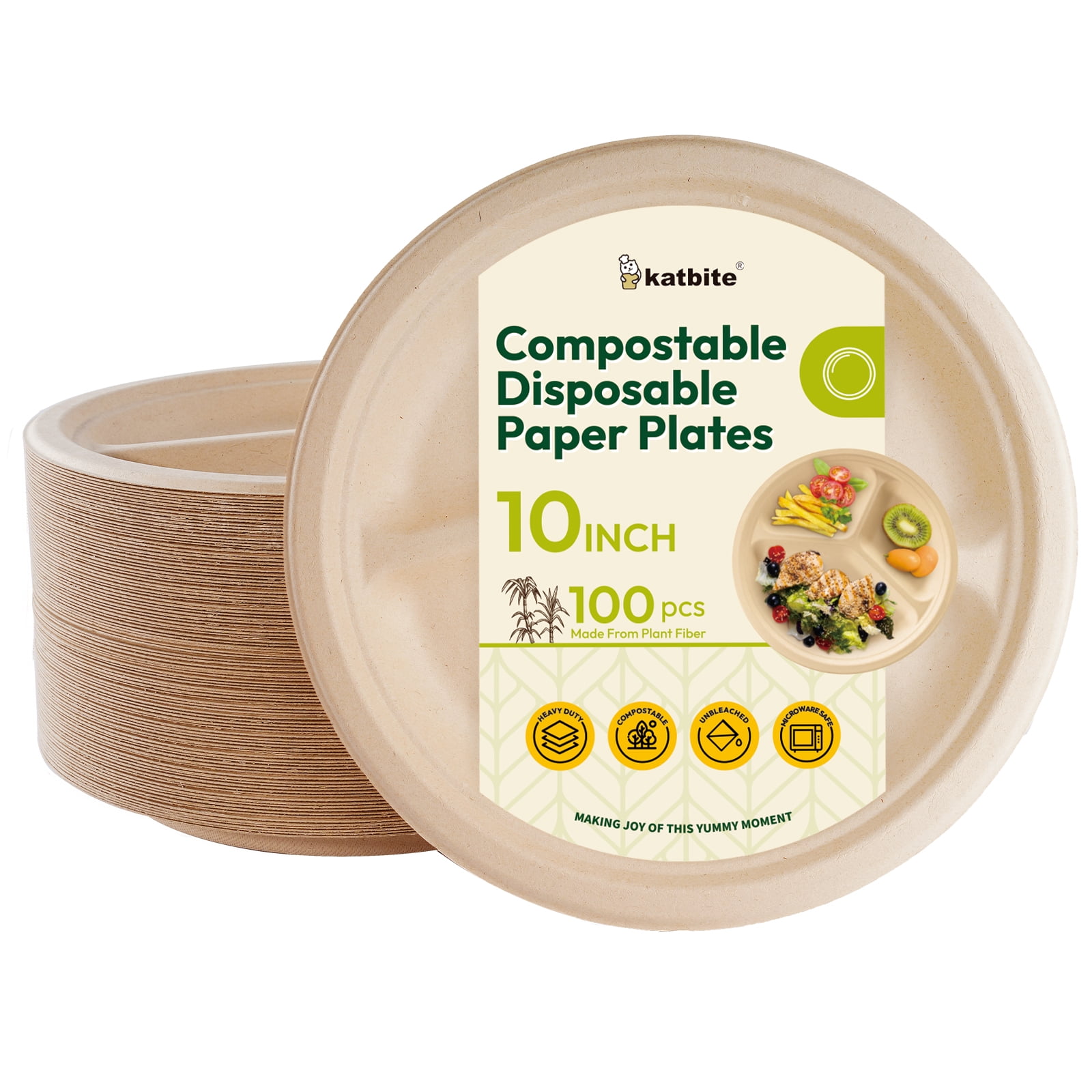 Katbite 3-Compartment Paper Plates, 10 Inch, 100 Count photo 5