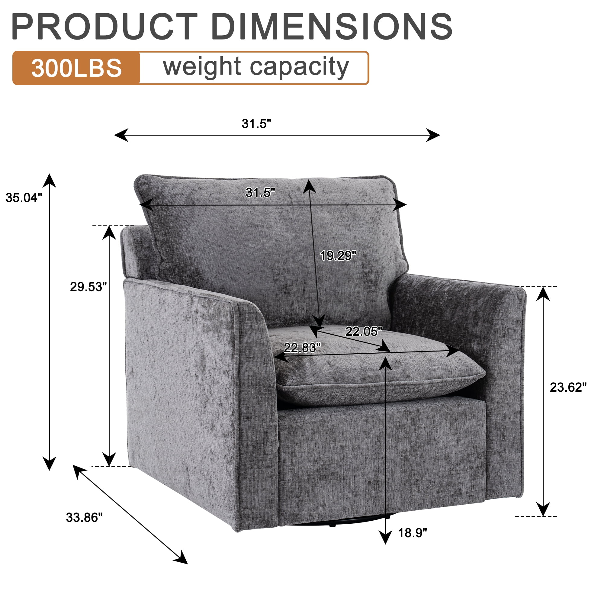 MOONMISS Chenille Swivel Accent Chair,Single Square Sofa Armchairs,Upholstered Club Chairs for Living Room,Grey