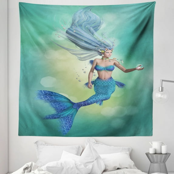 Cartoon Tapestry, Mermaid Upper Body of a Woman and the Tail of Fish for Swimming Marine Life, Fabric Wall Hanging Decor for Bedroom Living Room Dorm, 5 Sizes, Teal Pale Blue, by Ambesonne