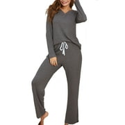 Women's 2 Piece Lounge Sets Casual Soft V Neck Long Sleeve Tops and Drawstring Pants Pajamas Sleepwear Homewear