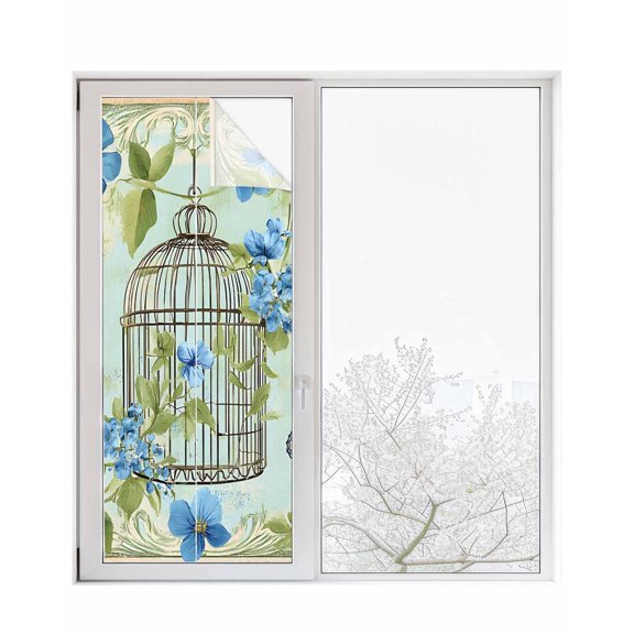Window Privacy Film Birds Cage Stained Glass Window Film Decorative Sun Block Window Cover Green Botanical Blue Floral Window Clings Static Adhesive Sticker for Bathroom 23.6"x59"