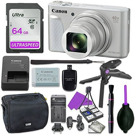 Canon Powershot SX730 Silver Point & Shoot Digital Camera Bundle w/ Tripod Hand Grip , 64GB SD Memory , Case and
