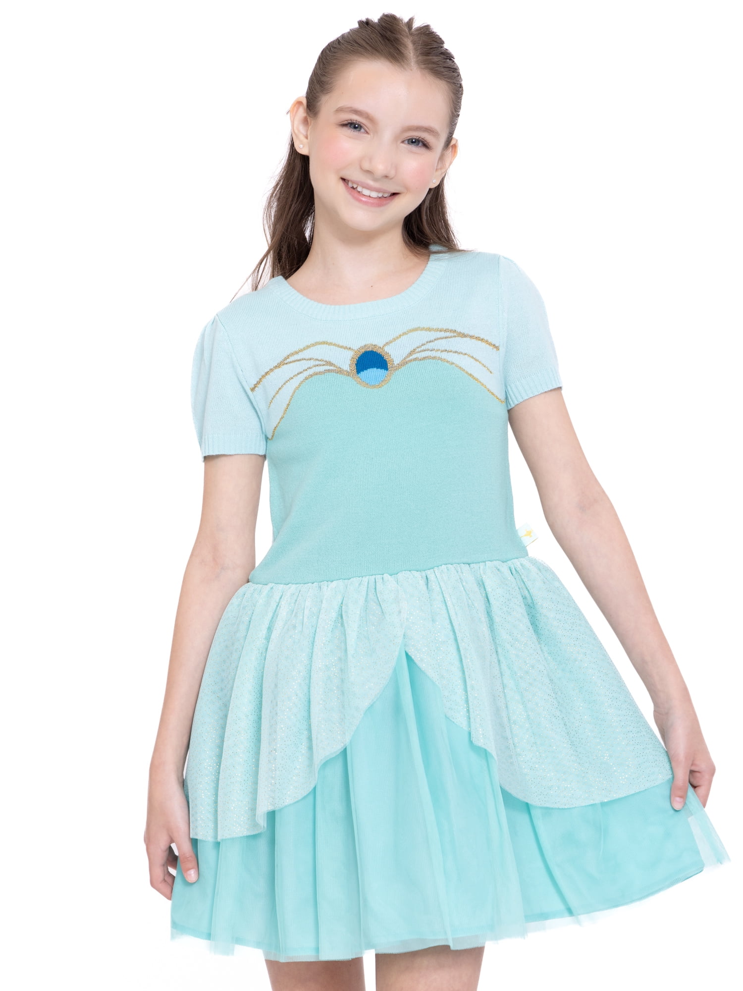 Girls Disney Princess Jasmine Cosplay Short Sleeve Sweater Dress, Sizes 4-12