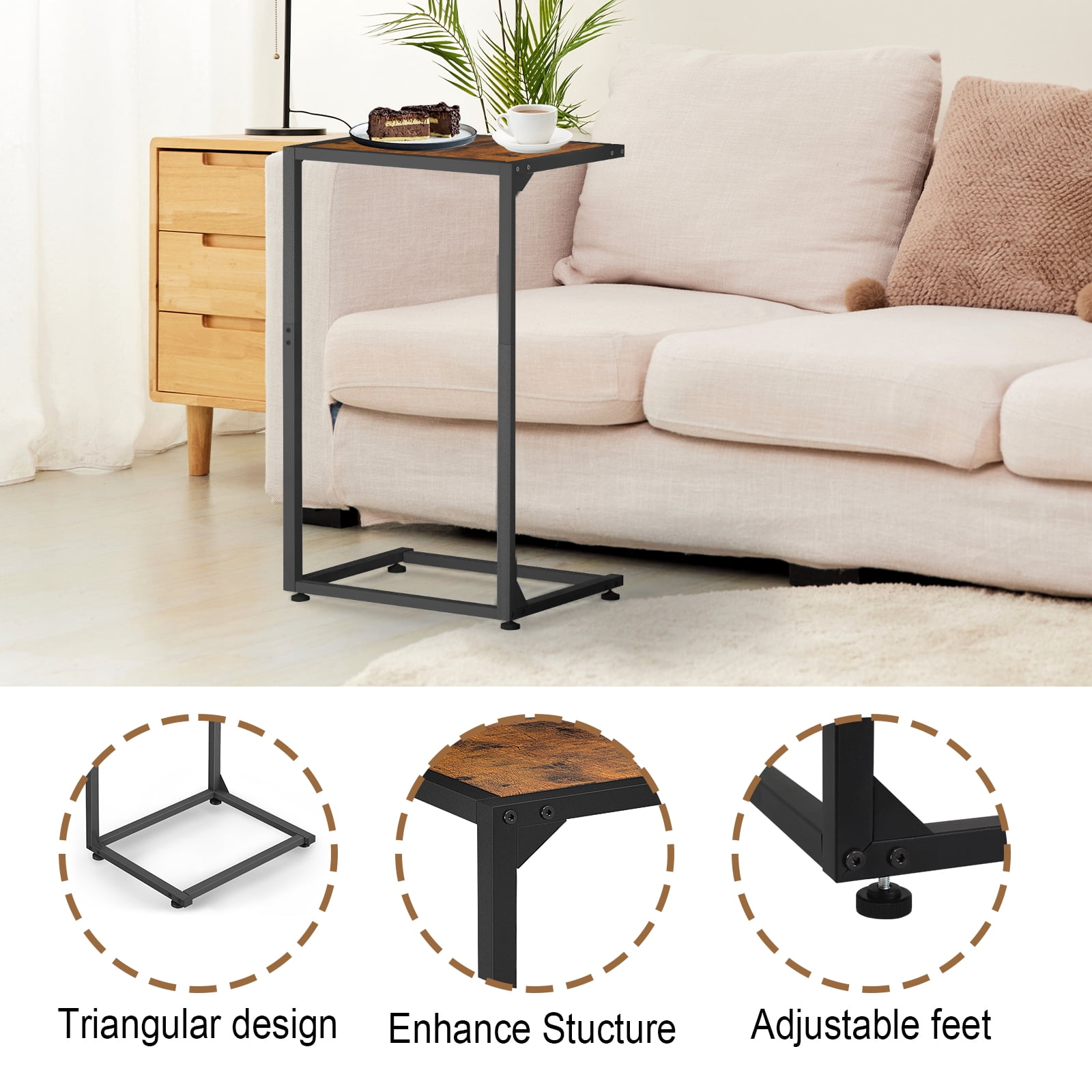 C End Table, Sofa Slide Sofa Table, TV Tray Snack Table, Small Side Table, Suitable for Small Space, Living Room, Brow