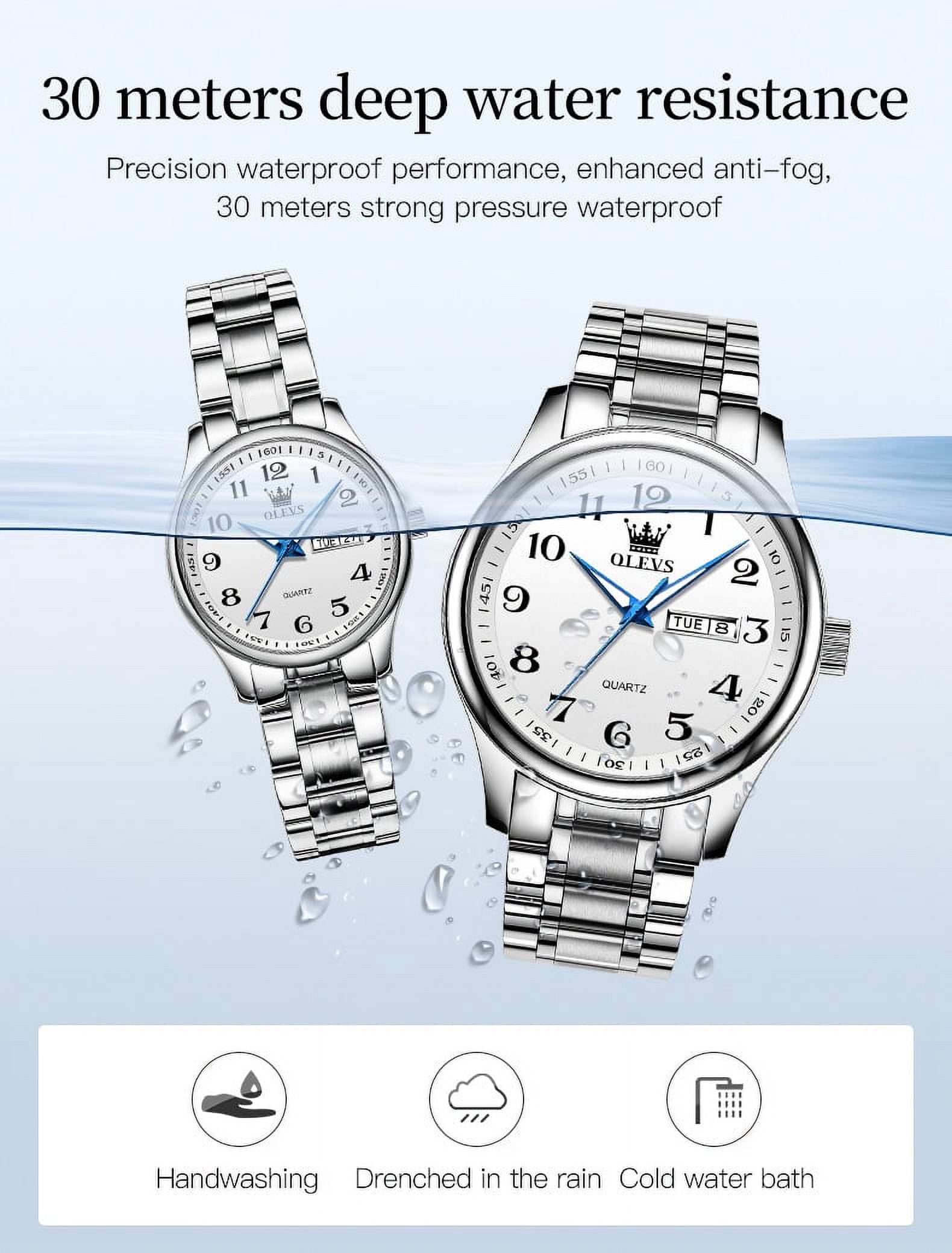 OLEVS Valentines Couple Pair Quartz Watches Luminous Calendar Date Window 3ATM Waterproof, Casual Stainless Steel His and Hers Wristwatch for Men Women Lovers Wedding Romantic Gifts Set of 2