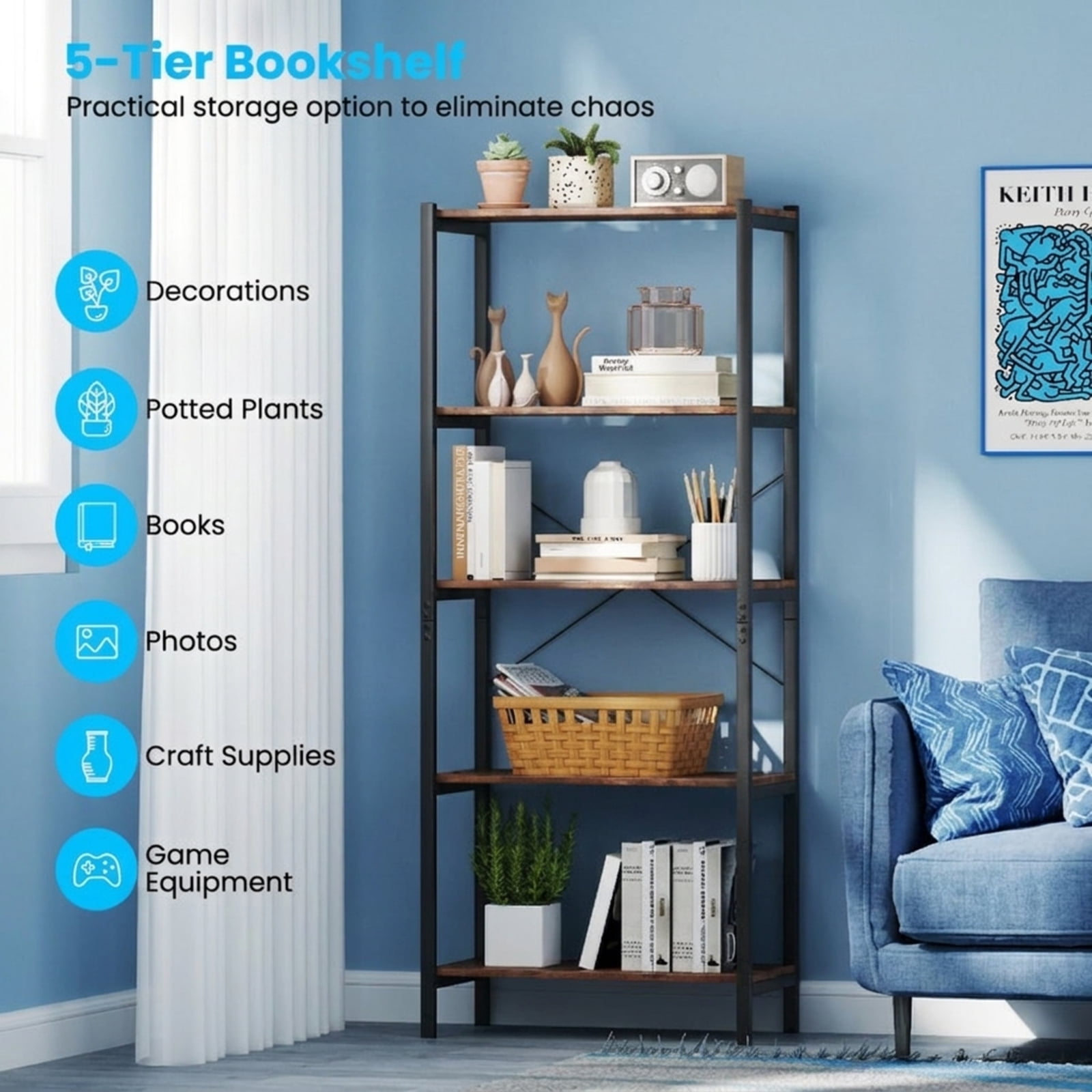 Furnibear Multipurpose Open Bookcase Industrial Rack Wide Standing Storage Shelf for Living Room Home Office Bedroom Display Storage Shelf, Brown