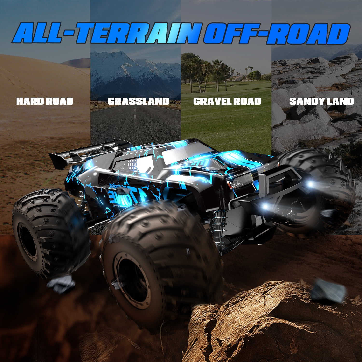 JoyStone Glowing RC Cars with Body Lights & Headlights, 1:14 Scale Remote Control Truck, 15+ mph High Speed Monster Truck, 2 Batteries for Boys Kids, Blue