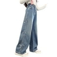 thumbnail image 2 of Blekii Girls Star Embroidered Wide Leg Jeans, Girls Star Embroidered Wide Leg Jeans, Dark Wash Elastic High Waist Flared Pants, Casual Streetwear for Teen Kids Dark Wash Denim High Waist Streetwear,, 2 of 9