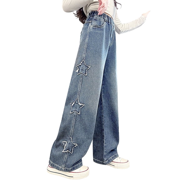 EnJoCho Girls Bow Denim Pants Kids Baggy Wide Leg Jeans Teens Casual Elastic Waist Vintage Trousers with Pocket Clothes Embroidered Flare Denim for Girls 6-16Y