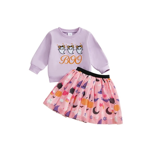 BemeyourBBs Girl Halloween Outfit Ghost Print Embroidery Sweatshirt and Skirt