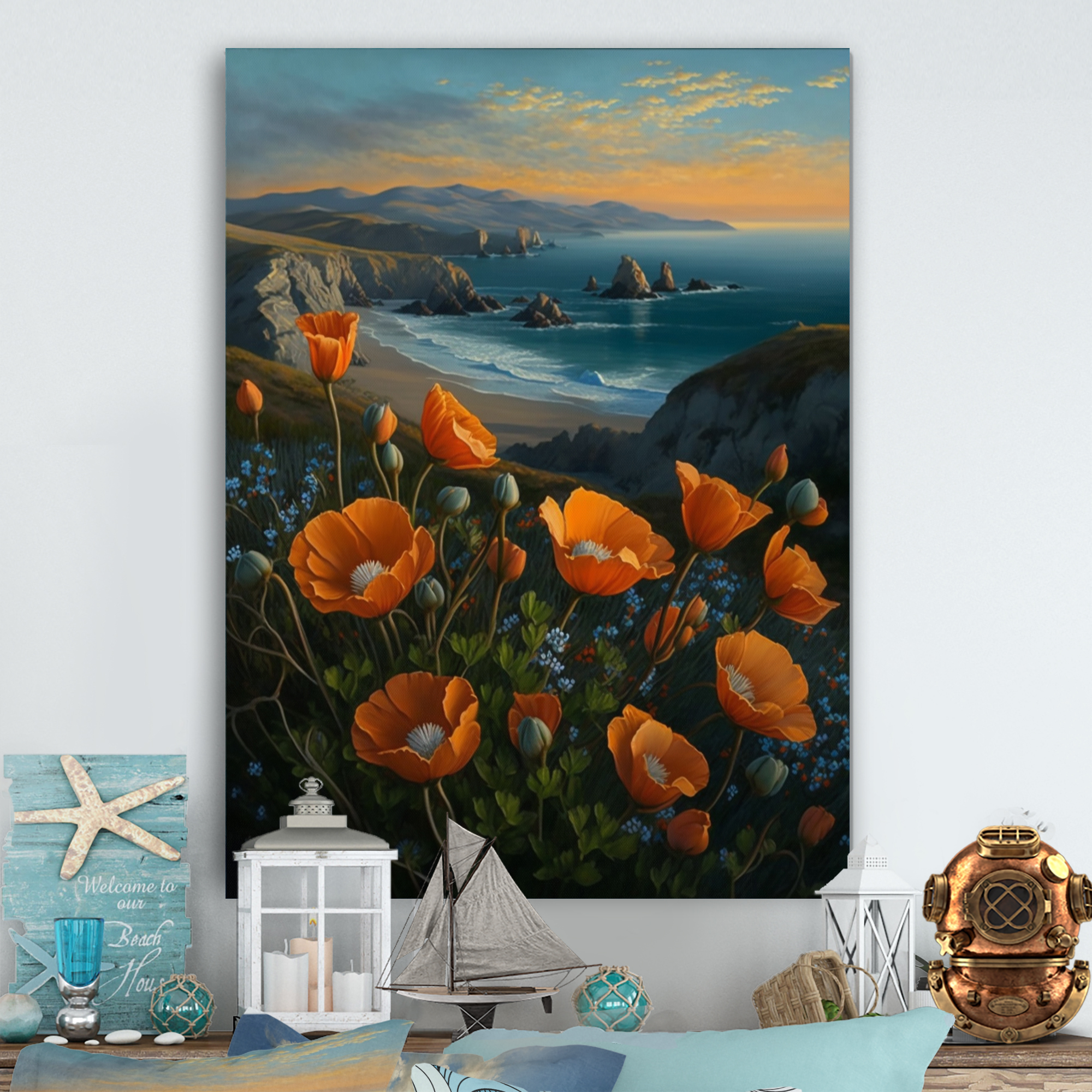Designart Orange Flowers By The Coast I Canvas Wall Art