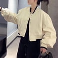 thumbnail image 6 of Fall Spring Women Jacket Stand Collar Solid Color Long Sleeves Single-breasted V Neck High Street Preppy Style Baseball Coat Loose Cardigan Short Coat, 6 of 8