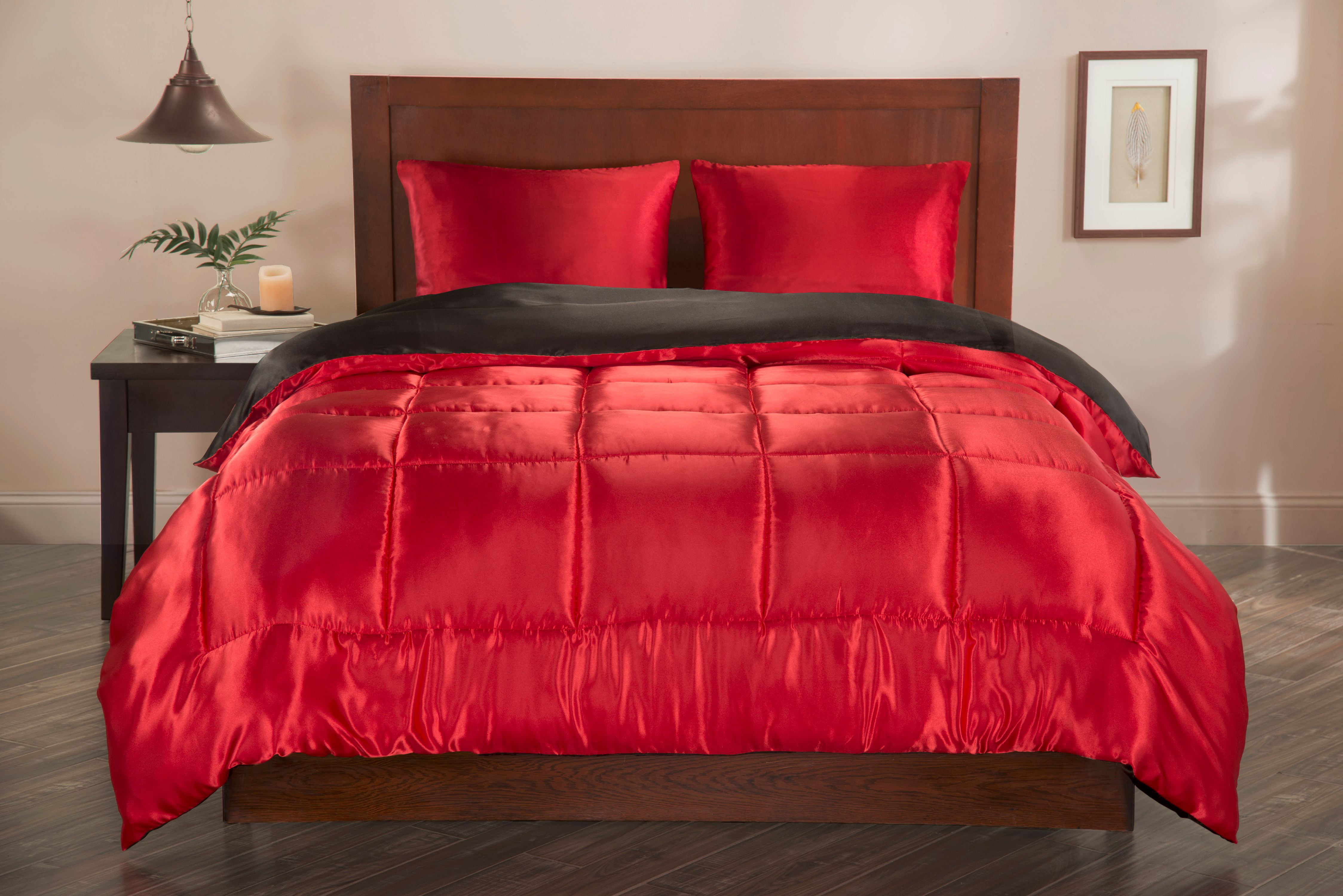 Luxury Satin Reversible 3pc Comforter Set Fullqueen Blackred 7714